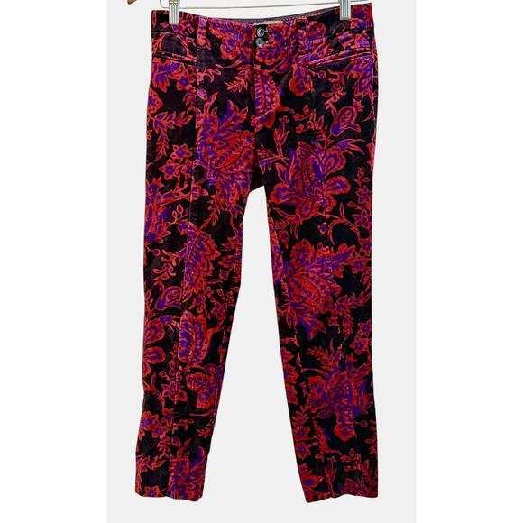 Anthropologie Velvet Pants Womens 0 Boho Essential Slim Floral Ankle Jewel Tone - Picture 2 of 16